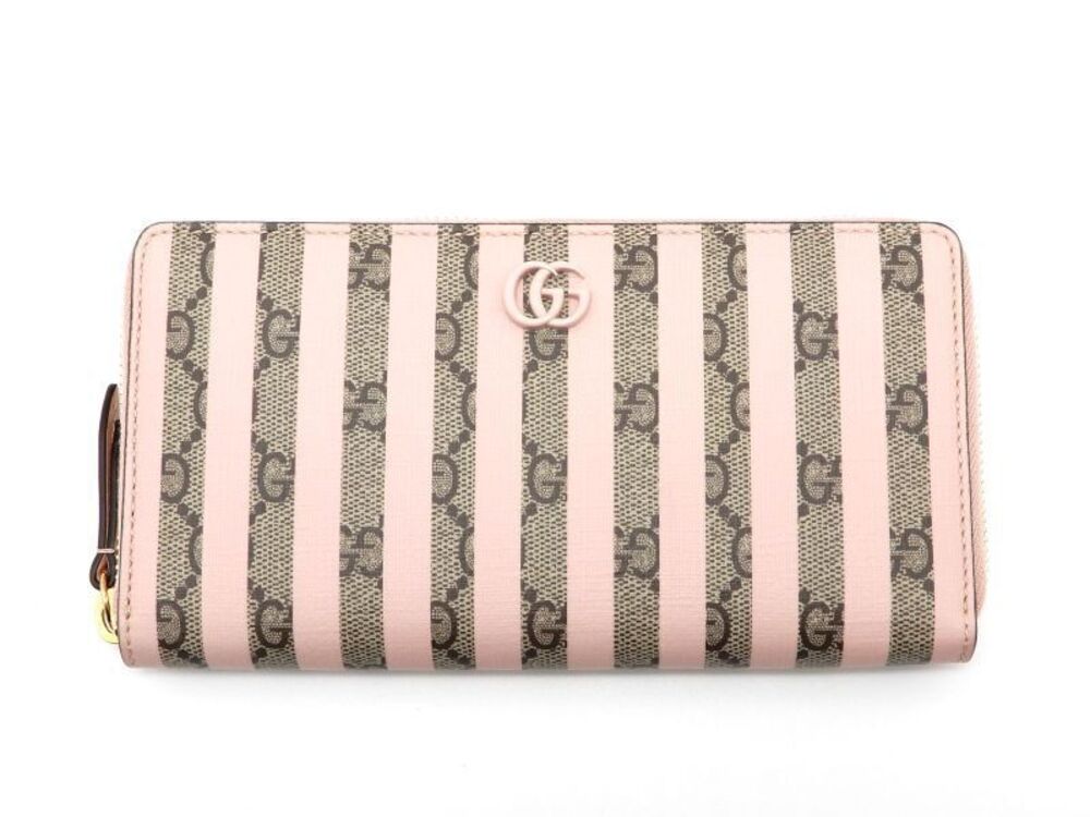 Gucci Double G Stripe Zip Around Wallet Beige Cream Pink